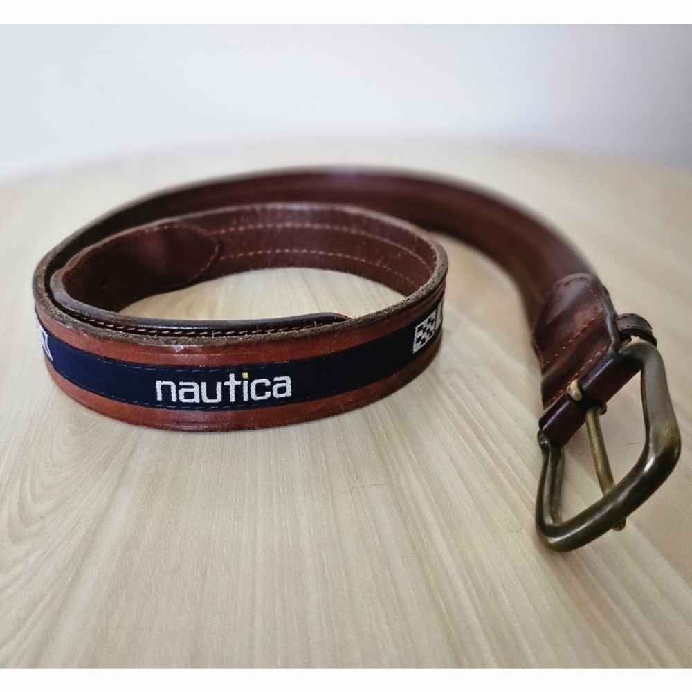 Nautica Men's Leather Belt With Logo Ribbon Made in Turkey Size 38.